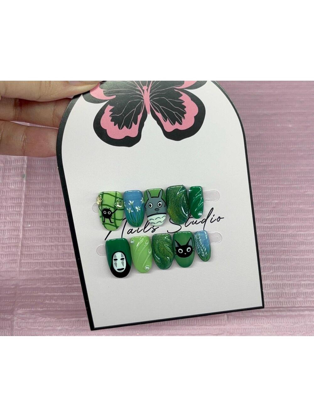Short round Press on nails studio ghibli green blue 3d gel pearls stars custom